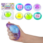 Colorful squishy gel balls with cute animal faces, shown in packaging and being squeezed in a hand.