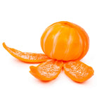 Orange‑colored tangerine‑shaped toy shown partially peeled, with several peel segments opened on a white background