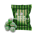 A green and black striped bag of Water Melancholy Ultra Sour gummy candies with several sour sugar-coated green candies displayed in front on a white background.