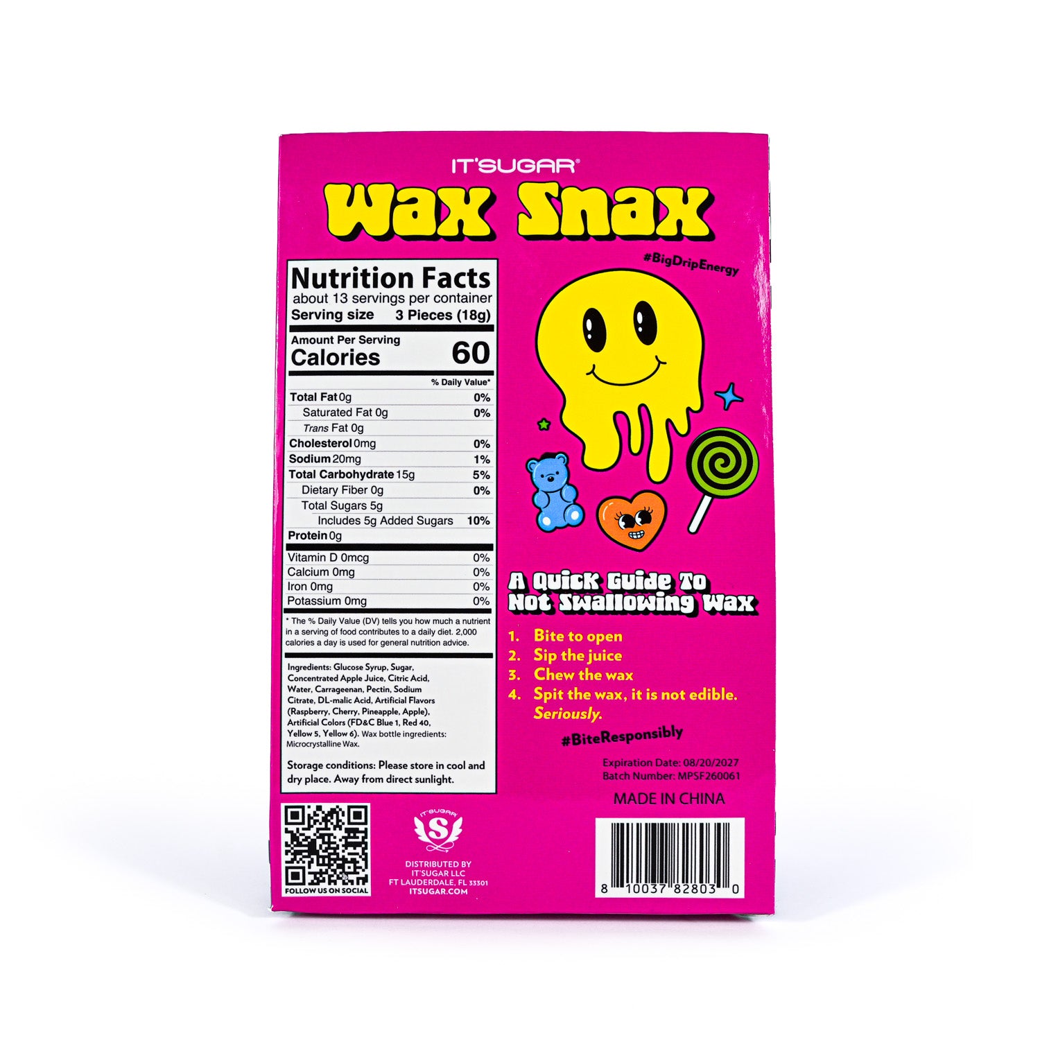 Pink package of Wax Snax with nutrition facts and branding on a white background