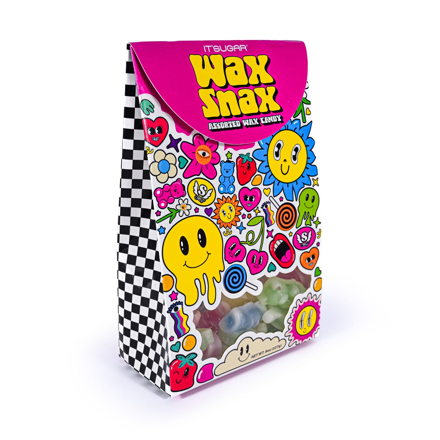 Colorful packaging of Wax Snax candy with cartoon characters on a white background