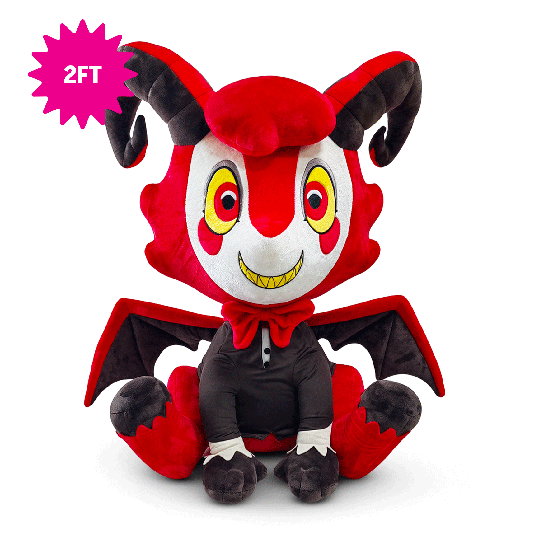 A 2ft Hazbin hotel Dazzle plush toy with red and black fur, large yellow eyes, and a white face, sitting on a white background with a pink '2FT' starburst badge.
