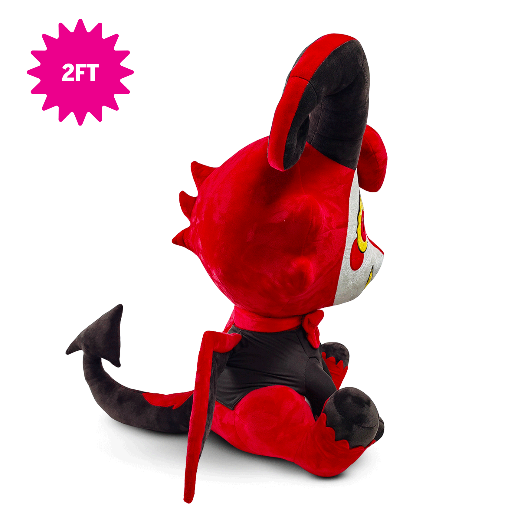 A 2-foot Hazbin hotel Dazzle plush toy shown from a side-back angle on a white background, featuring a pink starburst '2FT' size label in the top left corner.