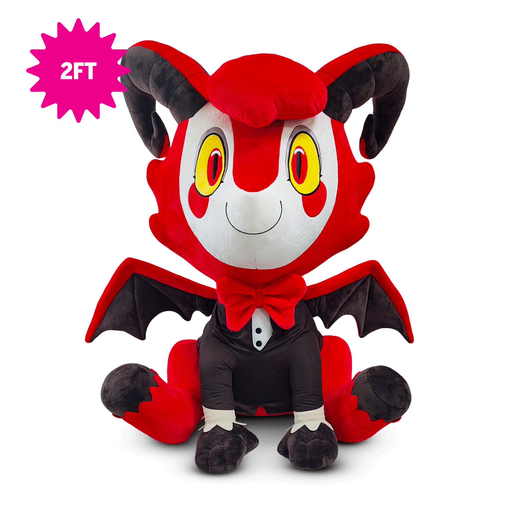 A 2-foot Hazbin Hotel Razzle plush toy of a cute red and black bat-themed character with yellow eyes, sitting on a white background with a pink '2FT' size starburst badge in the top left corner.