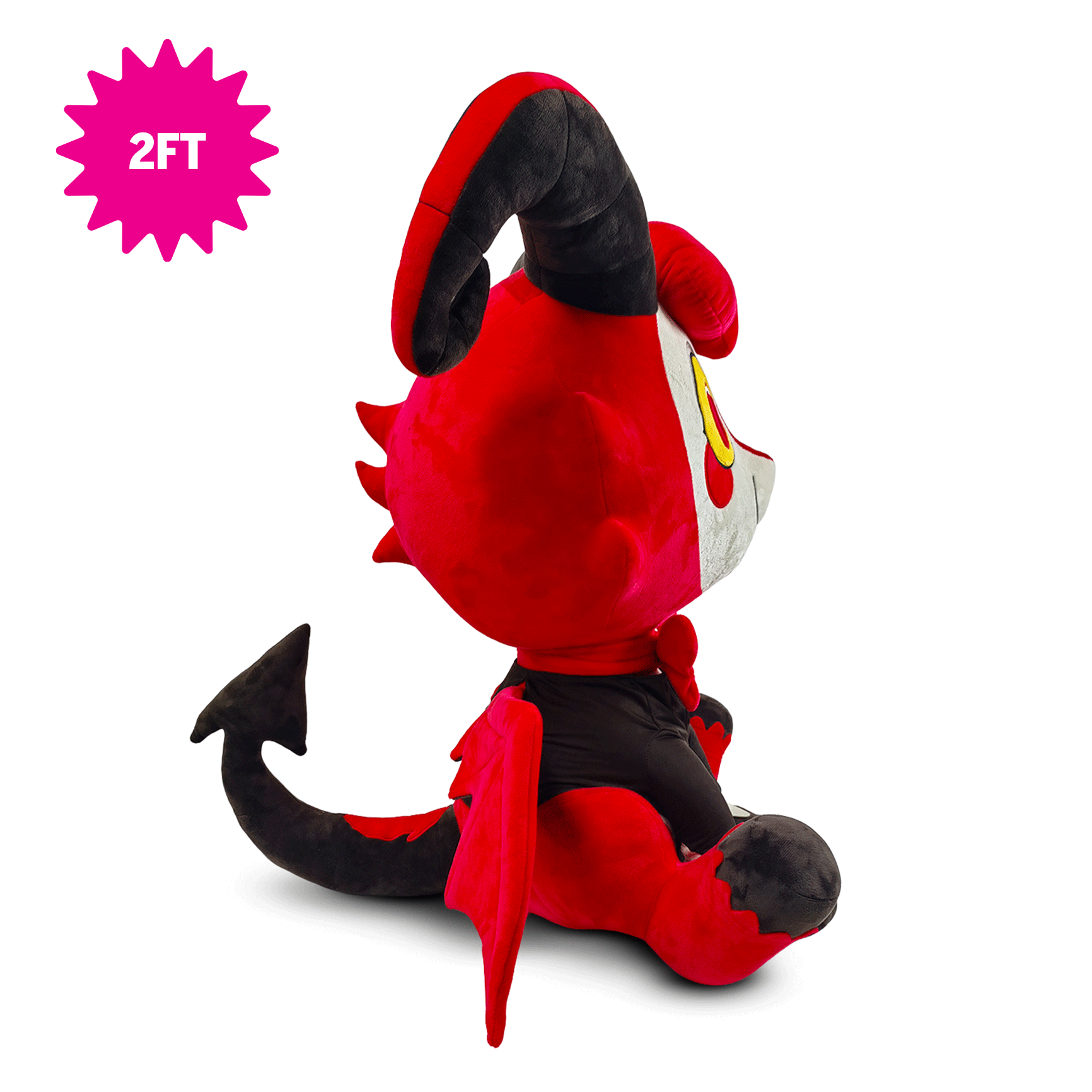 A 2-foot Hazbin Hotel Razzle red and black devil plush toy shown from the back on a white background, featuring a pink starburst badge in the top left corner.