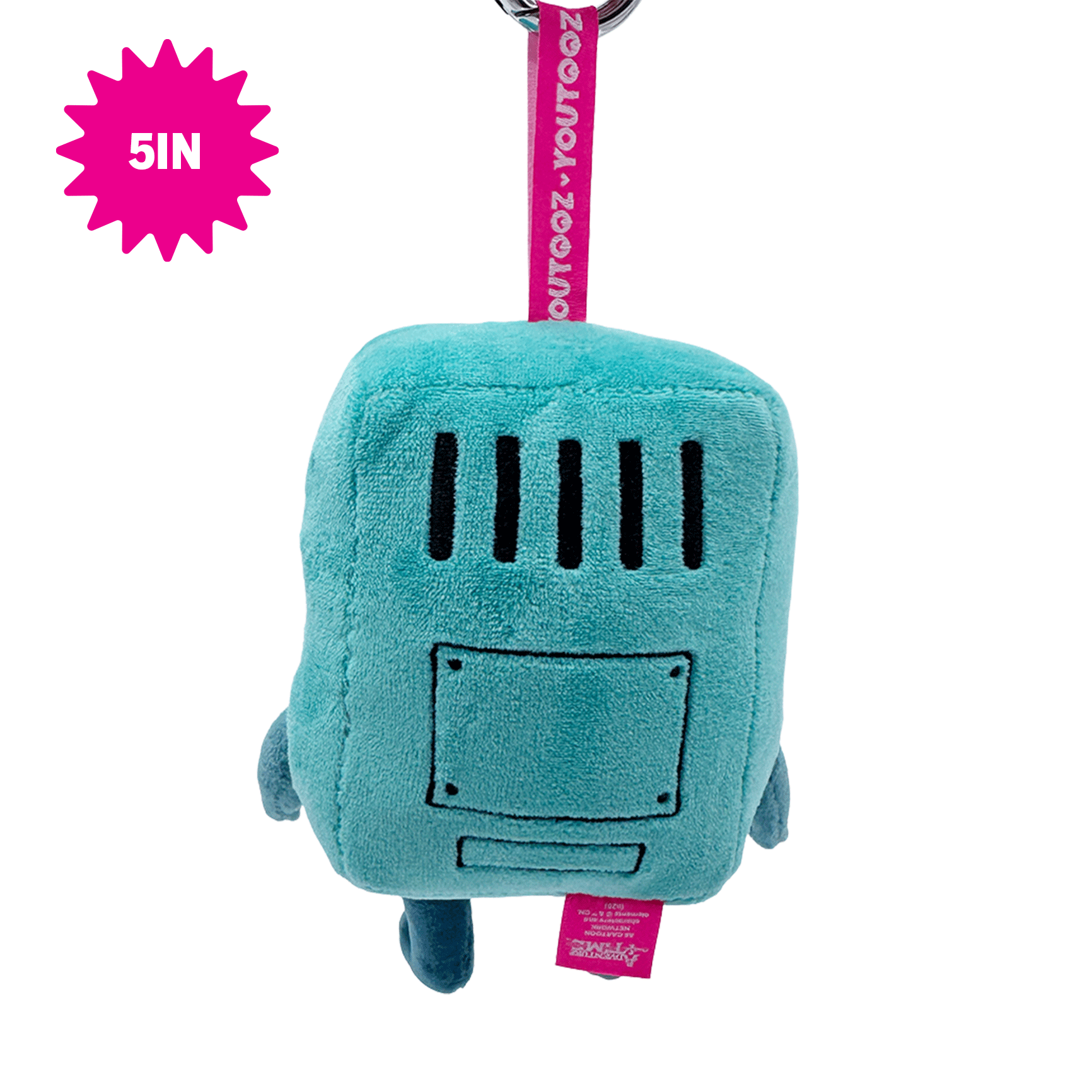 A turquoise blue Adventure Time BMO plush toy, shown hanging from a bright pink keychain strap. The plush has black embroidered details representing vents and a panel.