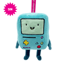 A plush toy shaped like the character BMO from Adventure Time, in light blue with a pale green face panel and colorful controller buttons. A pink hanging strap is visible at the top, and a pink starburst badge in the upper left says '5IN'.