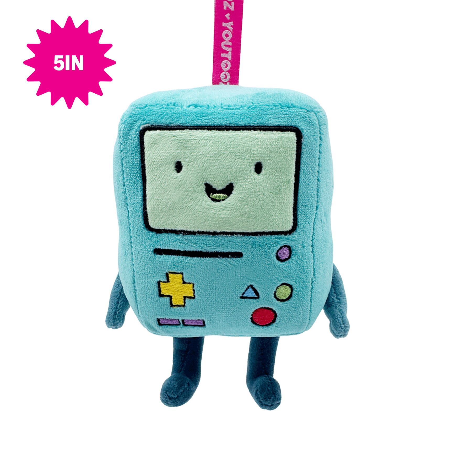 A plush toy shaped like the character BMO from Adventure Time, in light blue with a pale green face panel and colorful controller buttons. A pink hanging strap is visible at the top, and a pink starburst badge in the upper left says '5IN'.