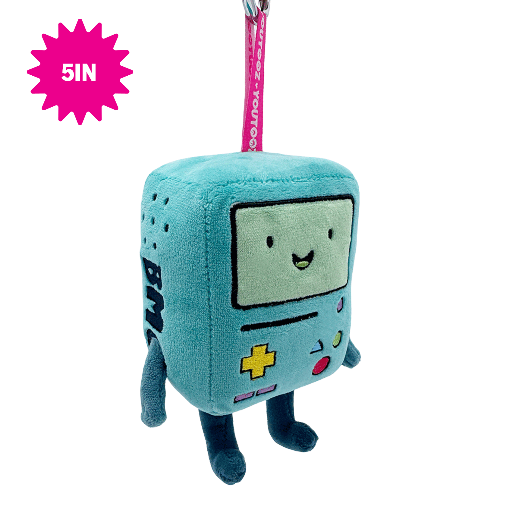 A plush toy shaped like BMO from Adventure Time, in light blue with a mint-green face panel, embroidered facial features, and small multicolor control icons. It has dark blue legs and a pink hanging strap with white text.