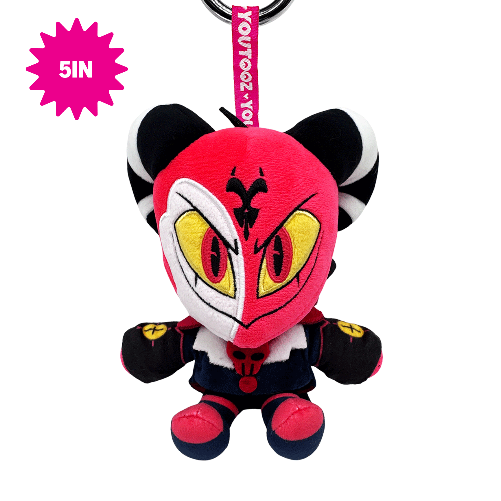 A 5-inch plush keychain of the character  Helluva Boss Blitzo, featuring a split red and white face with yellow eyes, black and white striped ears, and a black and red outfit, attached to a pink key ring with a 'YOU TOOZ' strap.