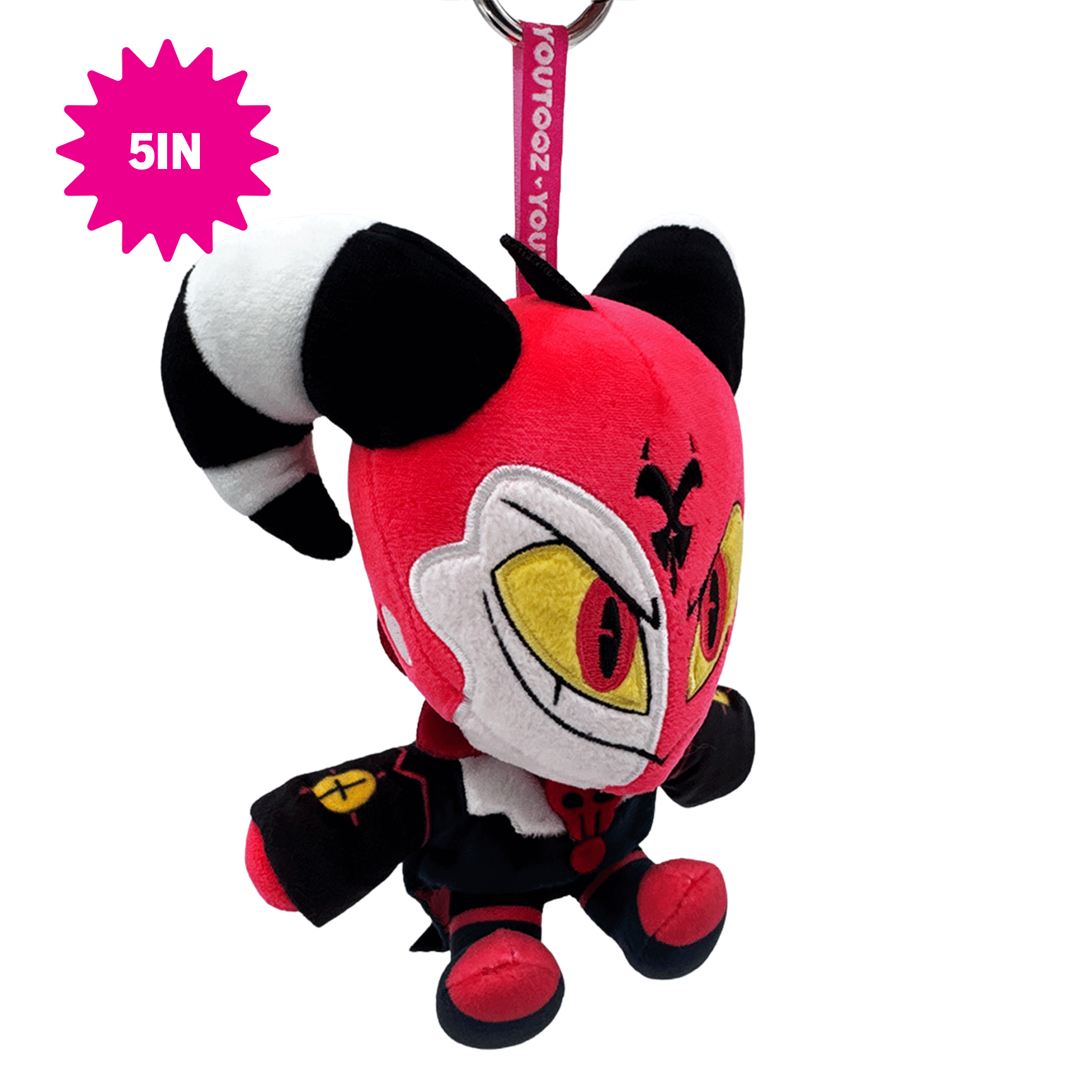 A small  Helluva Boss Blitzo plush character keychain or bag charm on a white background. The character is predominantly bright red with black and white details, large yellow eyes, and a pink strap printed with the text 'Youtooz'.