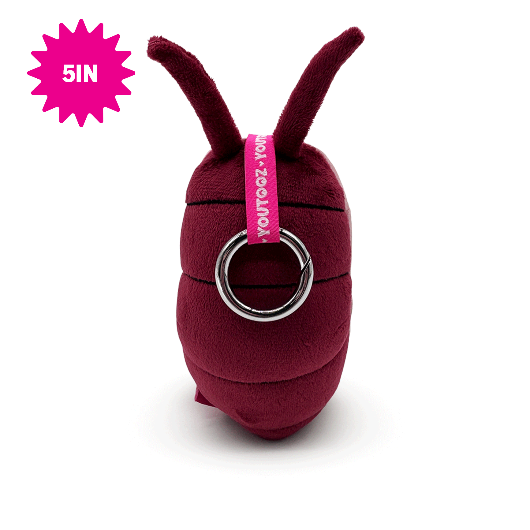 Spongebob Cockroach plush character  in deep burgundy with two upright antennae and a silver metal O-ring, shown on a white background with a pink '5IN' badge in the top-left corner.