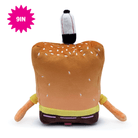 A Youtooz spongebob plush toy shaped like a hamburger bun with sesame seed details, yellow cheese-like bands, and two orange arms, shown on a white background with a pink '9IN' badge in the top left.