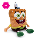 A 9-inch SpongeBob SquarePants Youtooz plush toy shaped like a hamburger bun, wearing his signature hat, yellow shirt, and brown pants, shown on a white background with a pink '9IN' starburst overlay.