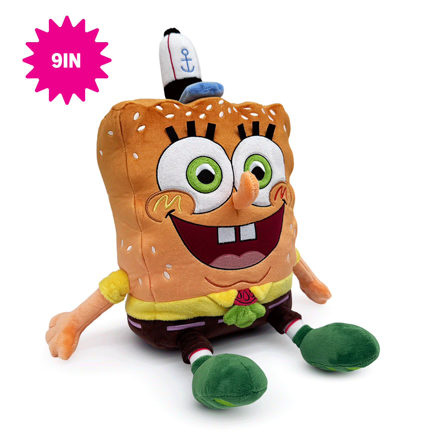 A 9-inch SpongeBob SquarePants Youtooz plush toy shaped like a hamburger bun, wearing his signature hat, yellow shirt, and brown pants, shown on a white background with a pink '9IN' starburst overlay.