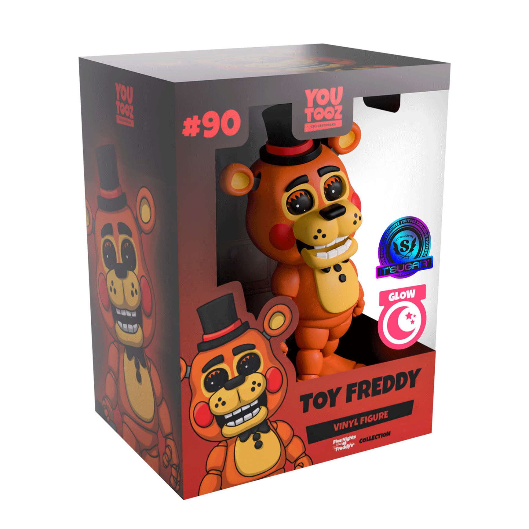 YouTooz Toy Freddy vinyl figure in its original retail packaging, featuring a collectible orange-brown bear character with a black top hat and bow tie, shown on a white background.