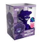 YouTooz GumGum Fruit Luffy vinyl figure in its original packaging, featuring a purple glitter finish and a holographic sticker seal.