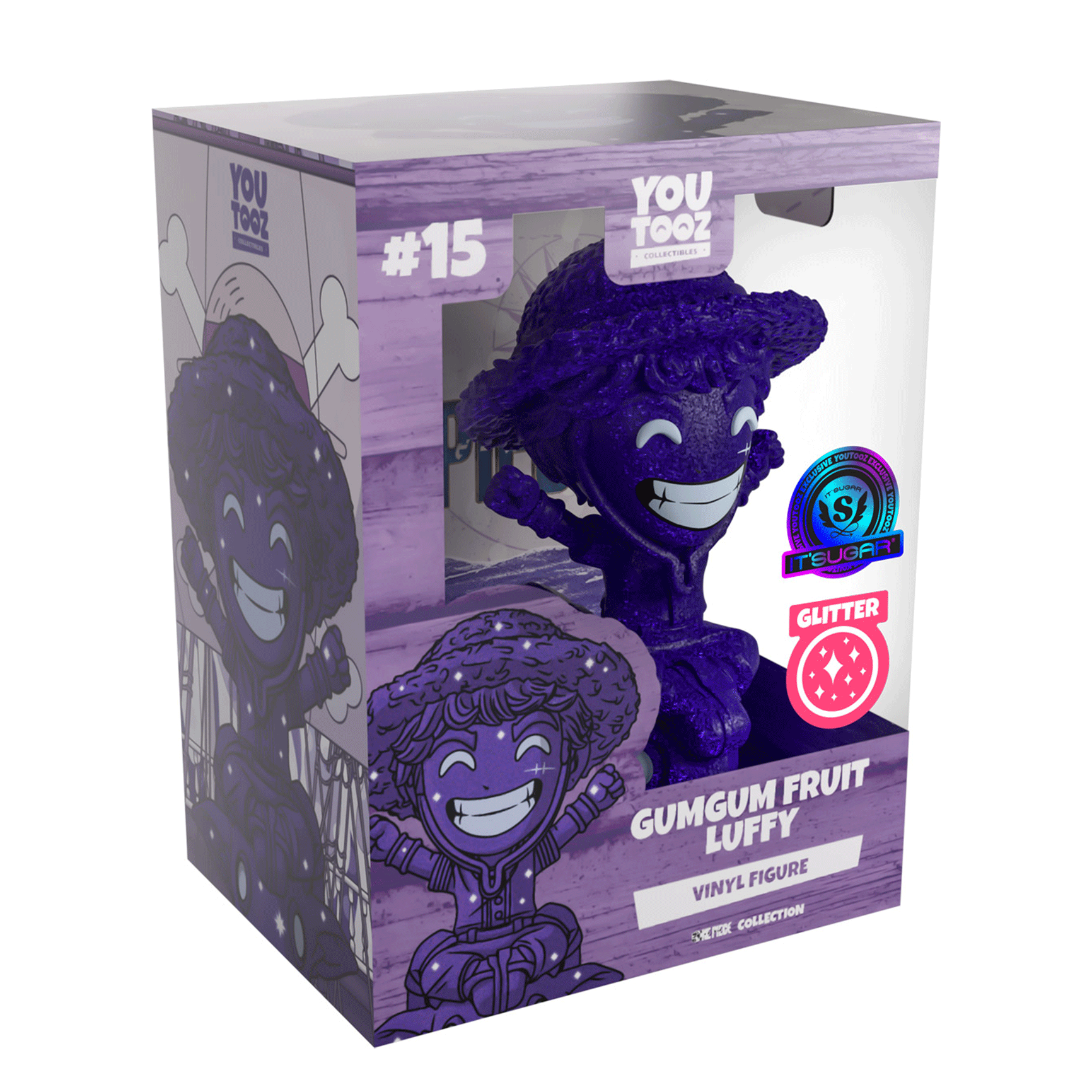 YouTooz GumGum Fruit Luffy vinyl figure in its original packaging, featuring a purple glitter finish and a holographic sticker seal.