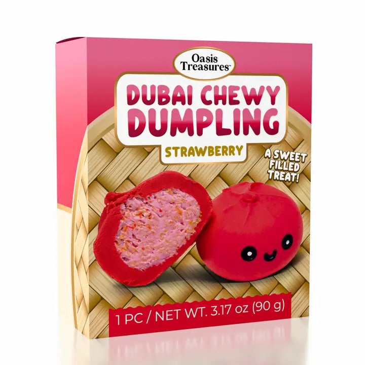 Box of Dubai Chewy Dumpling Strawberry flavor with a pink background
