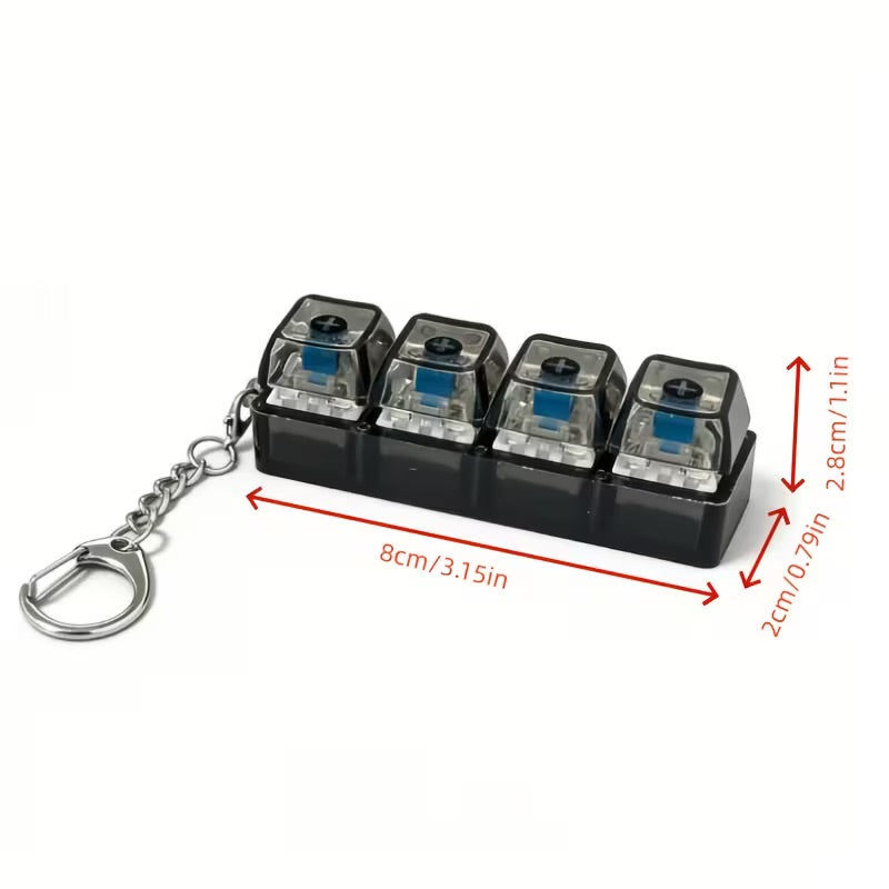Keyboard clicker keychain on white background with size dimensions