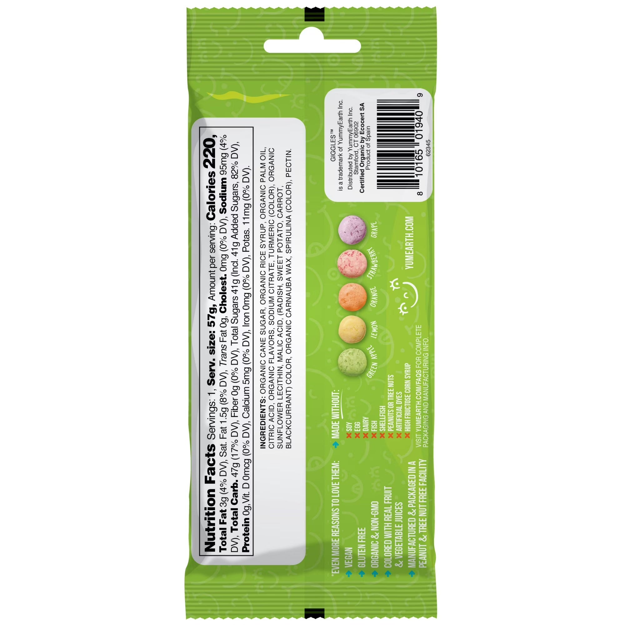 Green snack package with nutrition facts label on a white background