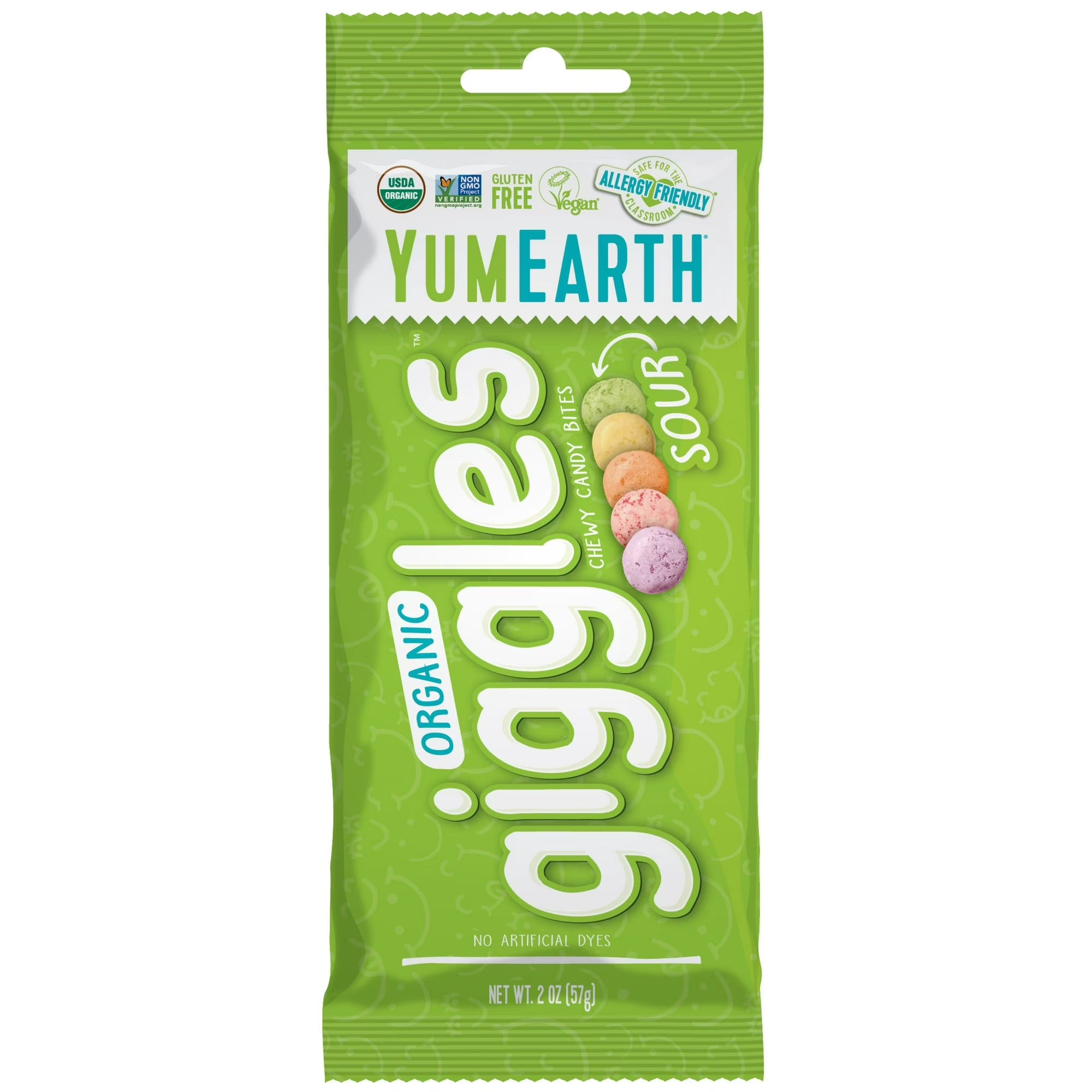 Green package of YumEarth Organic Giggles Gummy Candy Bites on a white background