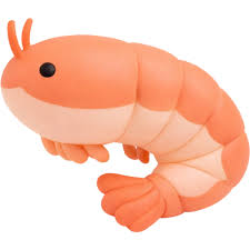 An orange and peach shrimp-shaped squishy toy with a small black eye, shown on a plain white background.