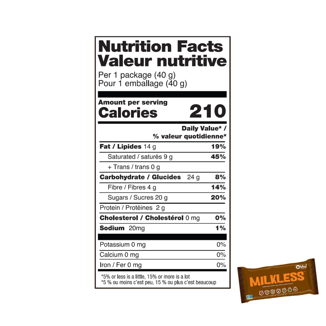 Nutrition facts label for a product with a visible brand name 'Milkless'.
