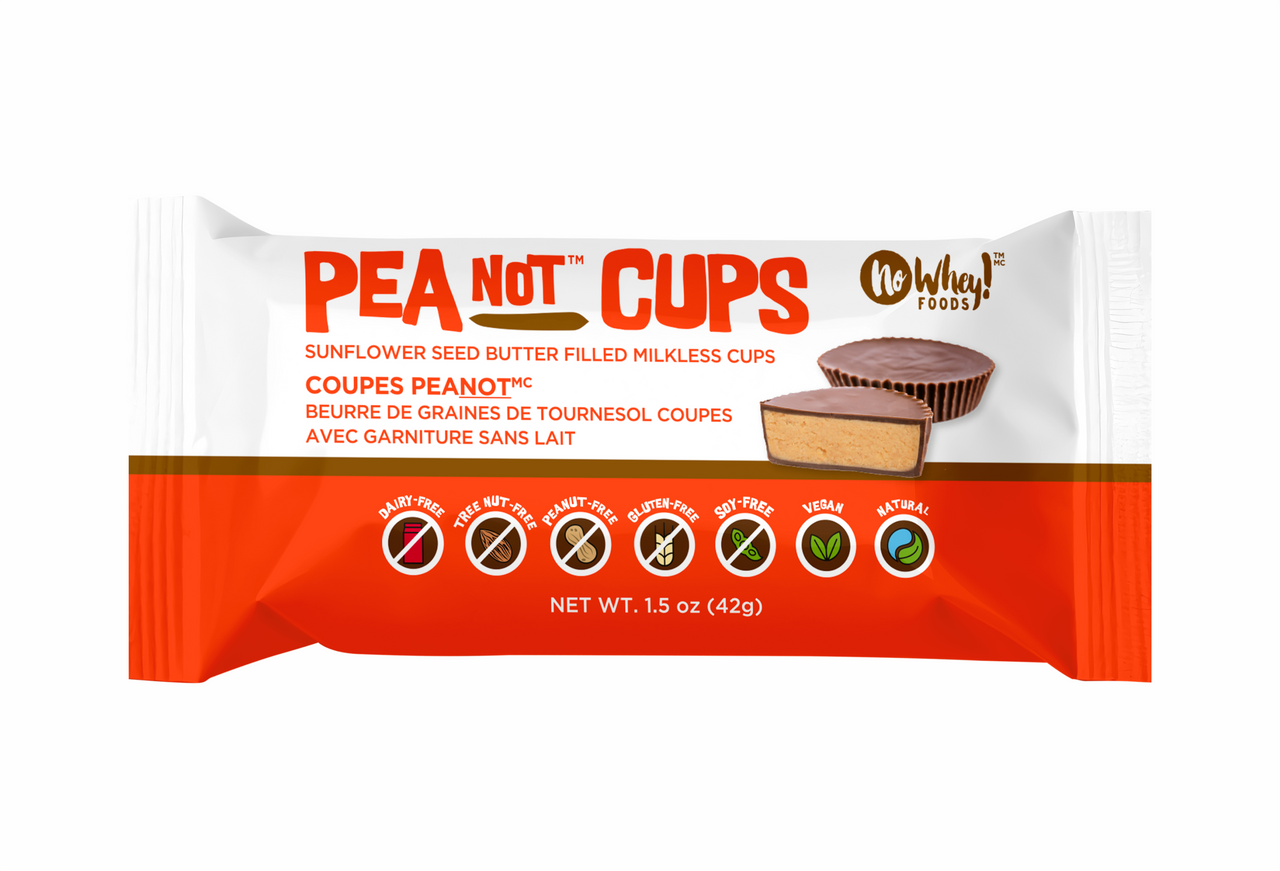 Packaging of PEA NOT Cups with WOYF Foods branding on a white background