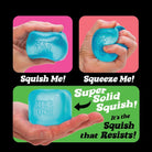 Needoh nice stress cube being squished and squeezed with text indicating its resistance properties.