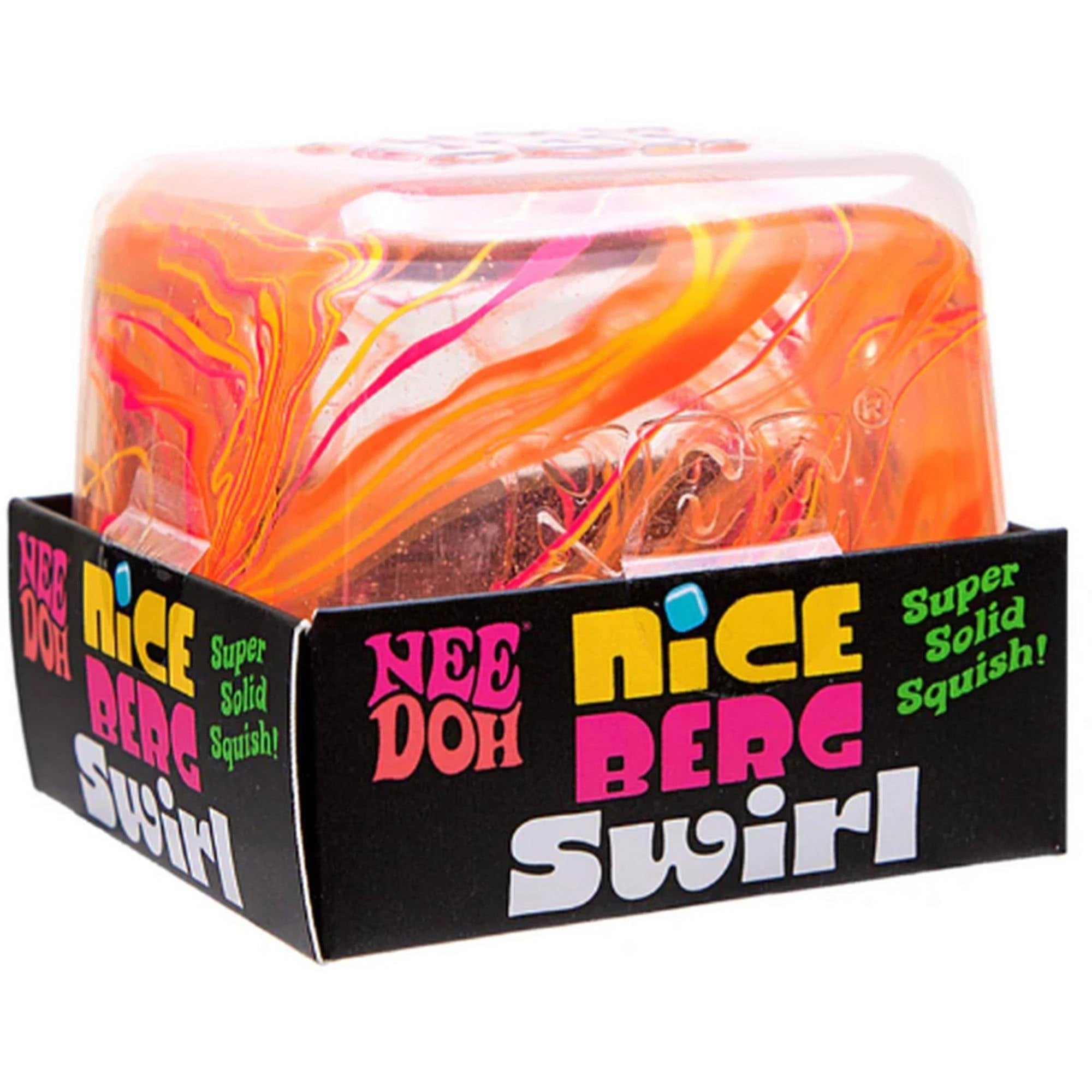 Boxed “Nee Doh Niceberg Swirl” square squeeze toy with orange, pink, and yellow swirl patterns visible through a clear dome on black packaging.