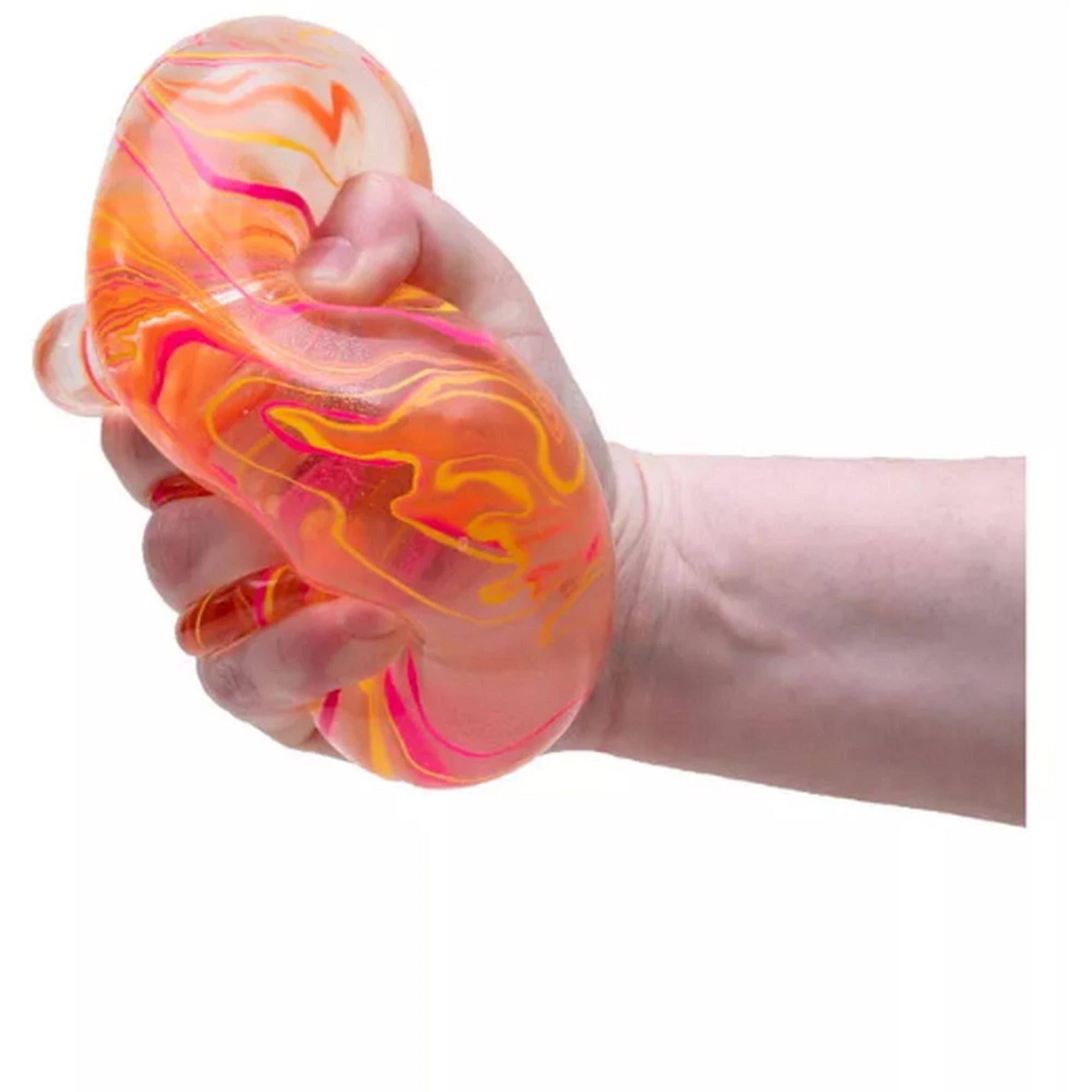 Hand squeezing a translucent Nee Doh Niceberg Swirl stress toy with orange, pink, and yellow marbled patterns against a white background.