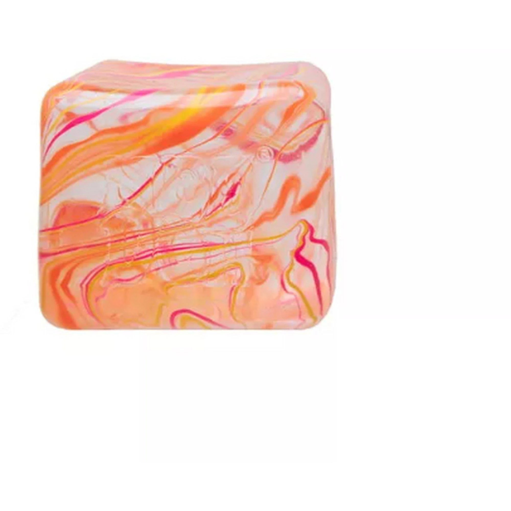 Square Nee Doh Niceberg Swirl squeeze toy with translucent gel and orange, pink, and yellow marbled patterns, shown against a white background.
