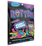 Packaging of Rotten Original Gummy Worms with colorful text and graphics on a black background.