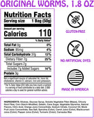 Nutrition label and ingredient list for a product labeled 'Original Worms' with various icons and text.