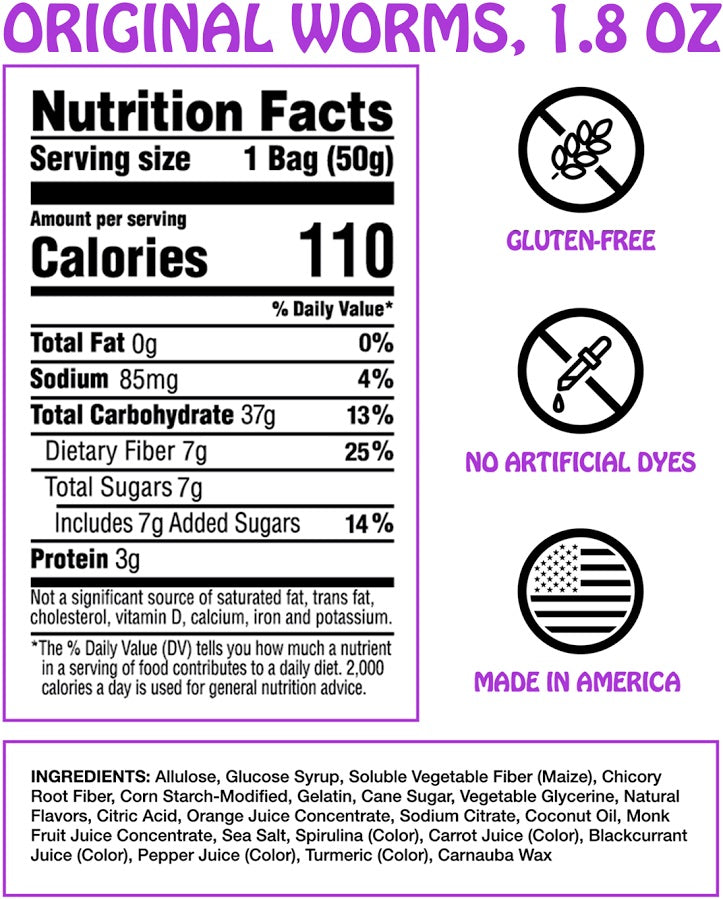 Nutrition label and ingredient list for a product labeled 'Original Worms' with various icons and text.