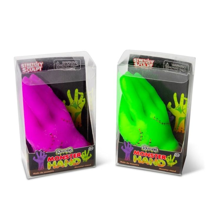 green and purple monster hand sensory squish toy