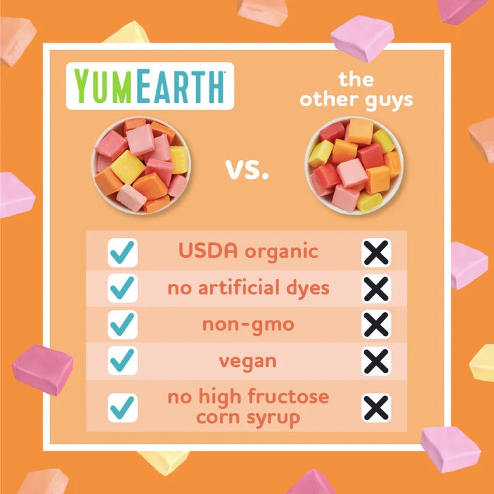 Comparison chart between YumEarth candy and 'the other guys' on an orange background with candy pieces.